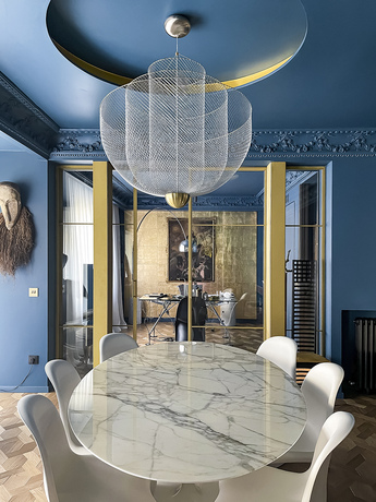 Color Blue Danube in interior wall and ceiling with gold accent 