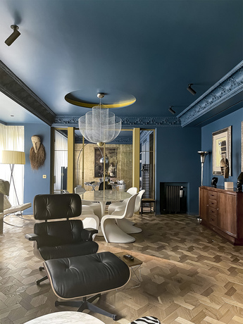 Color Blue Danube in interior wall and ceiling with gold accent 