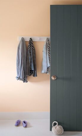 A charcoal gray-painted door stands out against a peach wall with white peg coat rack.