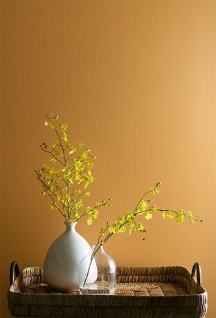 Una pared decorativa de color amarillo dorado enmarca una bandeja de paja con un jarrón blanco.
