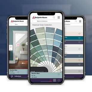A screenshot from the Benjamin Moore Color Portfolio™ app shown on a smartphone. A screenshot from the Benjamin Moore Color Portfolio™ app shown on a smartphone.