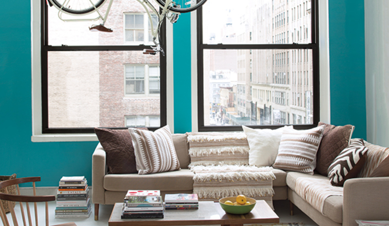 Apartment living room walls painted in the color aqua