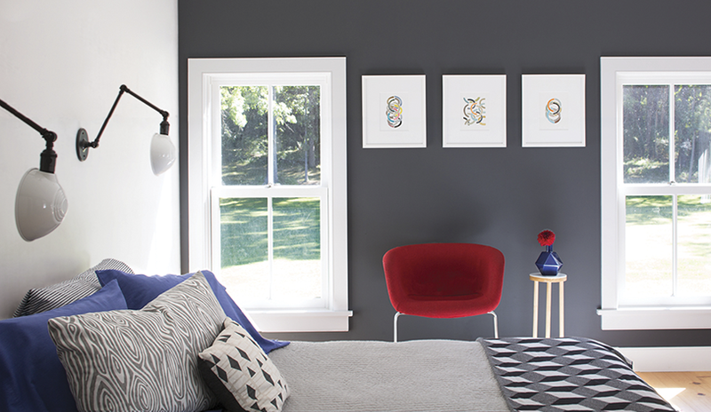 Modern gray bedroom with walls painted in Arctic Seal CSP-15 and Perspective CSP-5.