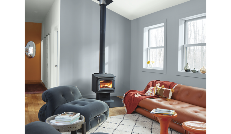 A light-filled living room with light blue-painted walls, a white ceiling and an orange accent wall