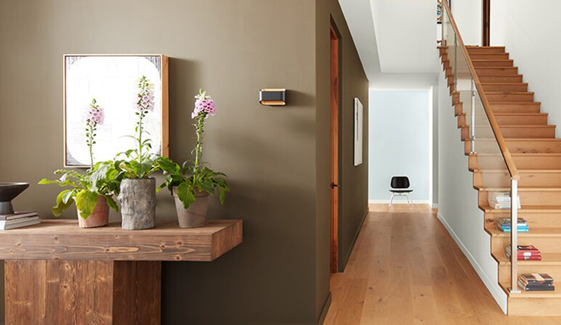 A brown-painted hallway, white ceiling, and wooden stairs leading to a white hallway.