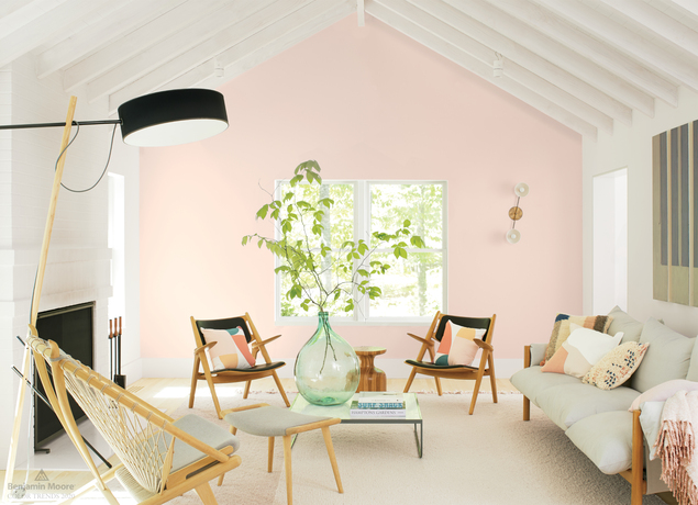 Una sala de estar informal con una pared decorativa pintada de rosa claro