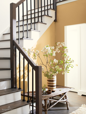 Una escalera con barandillas de madera, contrahuellas blancas y paredes pintadas en Chestertown Buff