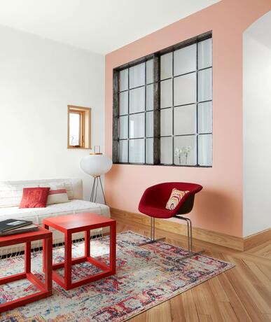 Pared decorativa pintada en Conch Shell, sala de estar en White Heron con Onyx en las ventanas