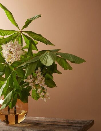 A terracotta orange-painted wall behind a vase of flowers and greenery on a wood tablet top.