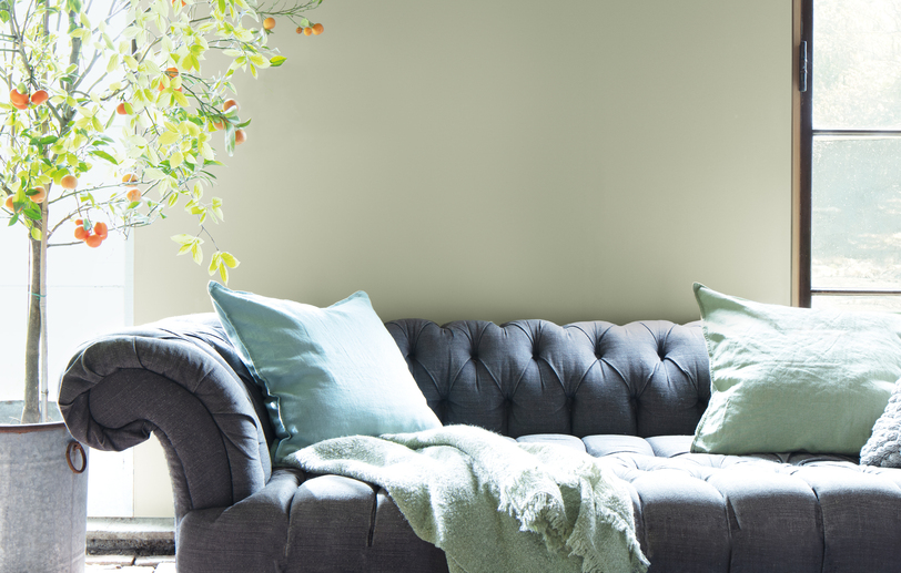 A living room with couch, green accent pillows, indoor tree, and sage green-painted walls