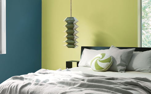 Bedroom with Lilianna CSP-855 soft yellow-green and Stained Glass CSP-685 deep blue walls.