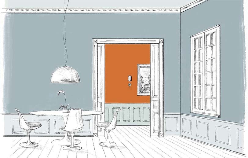 Un sketch de un comedor con paredes azules, techo y revestimiento azul claro y un pasillo naranja. Un sketch de un comedor con paredes azules, techo y revestimiento azul claro y un pasillo naranja.